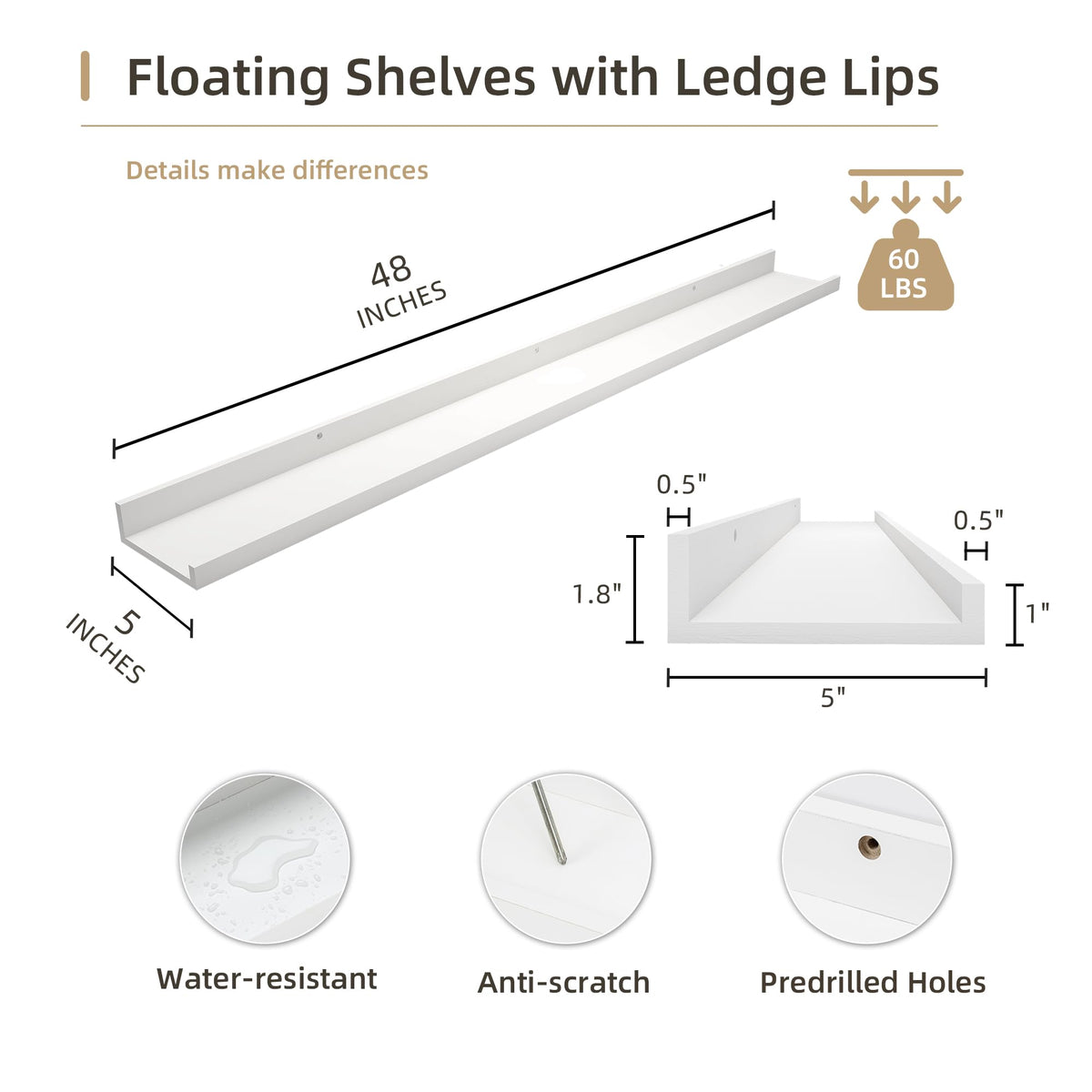 Acovy Picture Ledge Shelf, Wood Long Floating Shelves for Wall, Set of 2, 48 inch Picture Ledge Shelves, Photo Ledge Nursery Book Shelves Wall Mounted for Living Room Kids' Room Bedroom, Color White