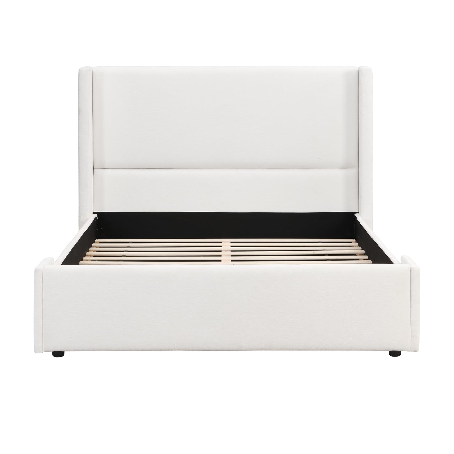 Merax Queen Size Bed Frame, Elegant White Upholstered Platform Bed with 41.1" Tall Wingback Headboard for Bedroom, Solid Wood Slats Support, No Box Spring Needed, Easy Assembly