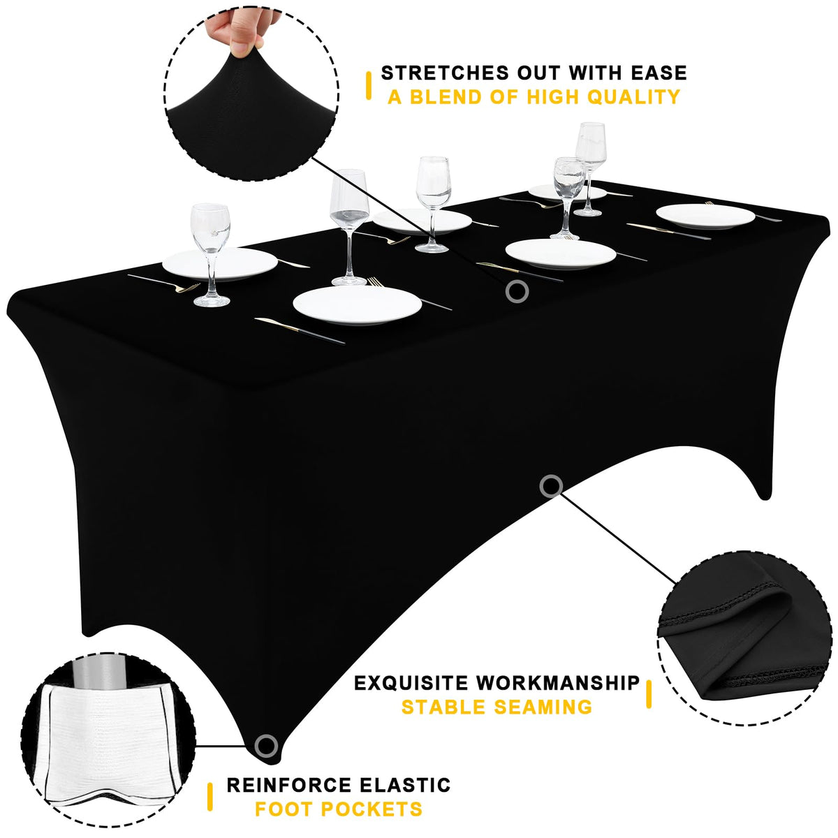 Smiry 6 Pack Spandex Table Cloth 6FT, Elastic Fitted Stretch Tablecloths, Washable and Wrinkle Free Rectangular Patio Talole Cover for Outdoor, Wedding, Banquet & Parties (Black,72Lx30Wx30H Inch)
