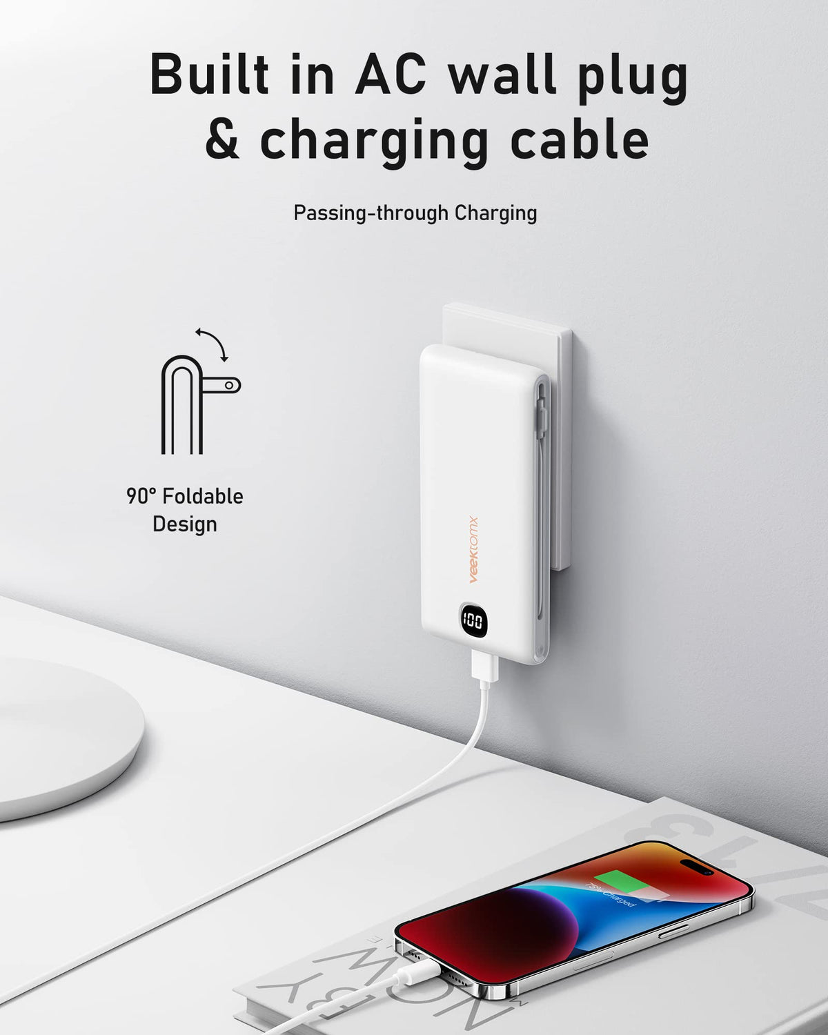 VEEKTOMX Portable Charger with Built in Cables 10000mAh, Power Bank for iPhone with AC Wall Plug, Fast Charging USB C Slim Battery Pack with LED Display Compatible with iPhone 17/16/15/14, Samsung
