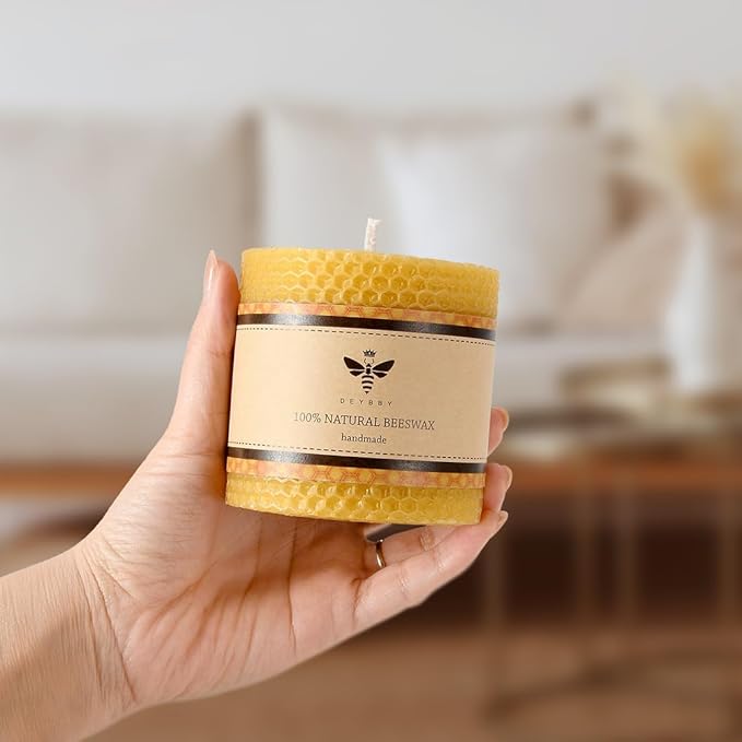 3×3 in Beeswax Pillar Candle - Handmade Pure Beeswax Rolled Candle for Gift & Home Decor