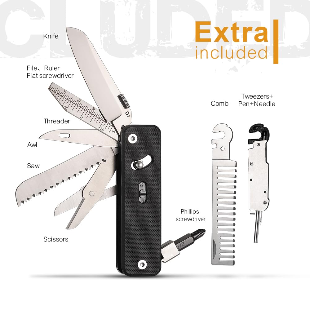 ROXON S503G 9 in 1 Mini Multi Tool EDC Pocket Knife Multitool with G10 Handle,Scissors,Screwdriver,Threader,Awl, Flat Screwdriver,Ruler,Tweezers for Outdoors Fishing Camping,Gifts for Men