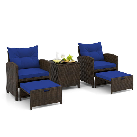 Tangkula 5 Pieces Patio Conversation Set, PE Wicker Rattan Outdoor Furniture Set with 2 Chairs, 2 Ottomans & Tempered Glass Coffee Table, Ideal for Poolside, Backyard, Lawn, Deck, Mix Brown & Navy