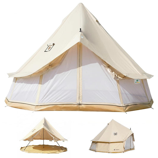 Canvas Bell Tent with Stove Jack, Glamping Yurt Tent for 360° Ventilated Mesh with Zipped Removable Floor, 4 Season Family House Hot Tents for All Year Living (Beige- 4M- 173 sq. ft yurt)