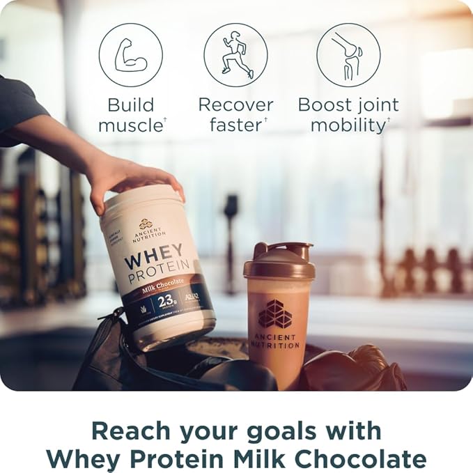 Ancient Nutrition Grass Fed Whey Protein, Milk Chocolate, 23g Protein, 20 Servings, Hydrolyzed Collagen Peptides, Organic Regenerative A2/A2 Milk Protein