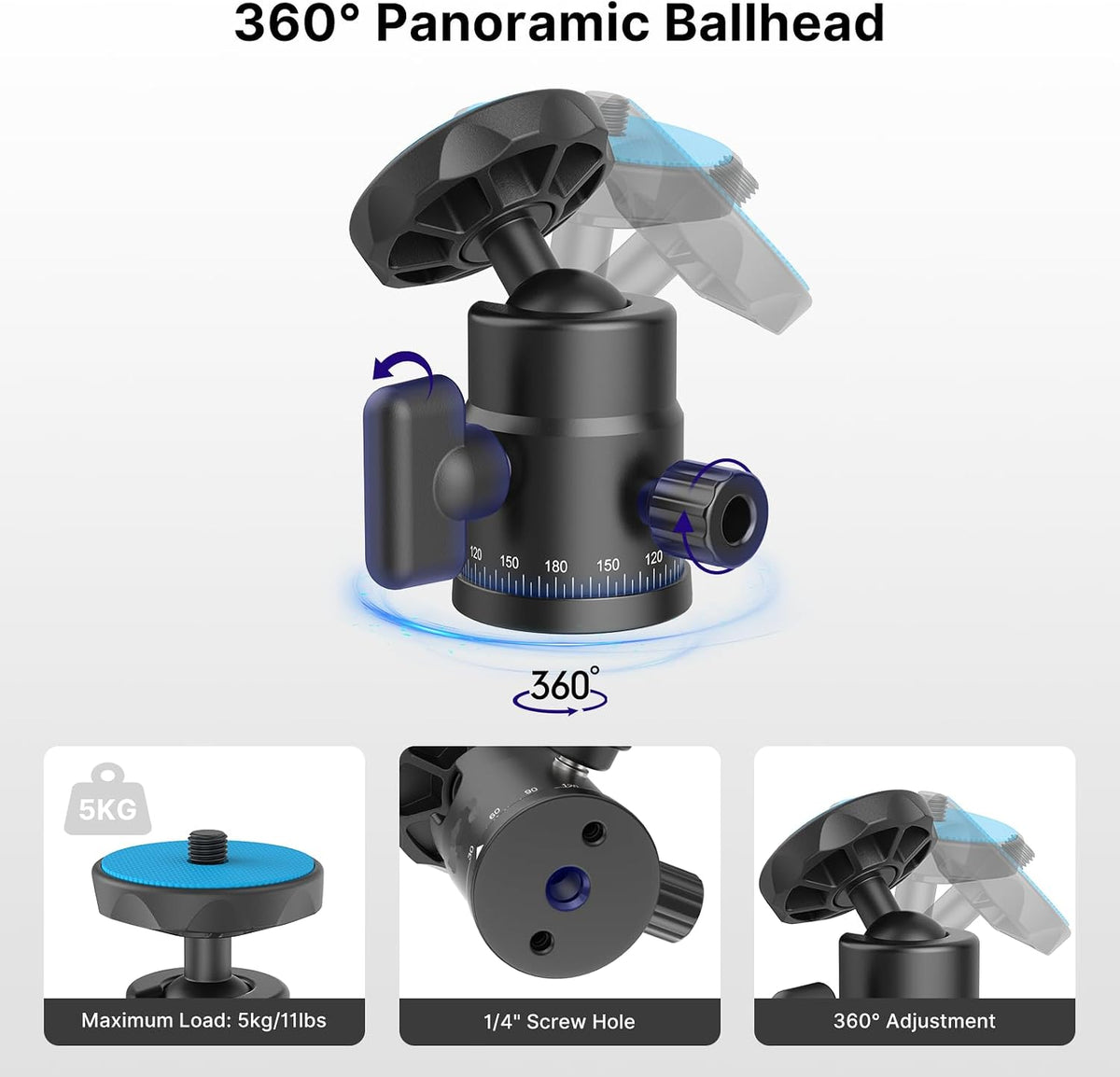 rubesee 1/4" 360 5.5lbs Mini Ball Head, Panoramic Camera Tripod Head with Screw Shoe Mount, Rotatable Metal Adapter