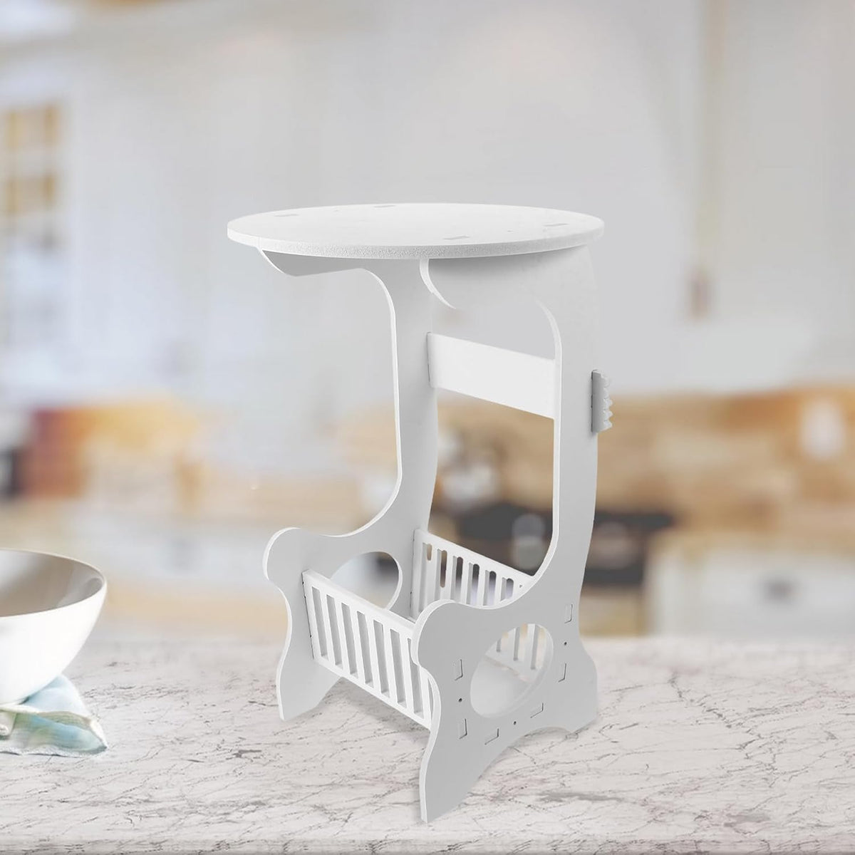 Angoily Small Round Side Table White Plastic Wood Nightstand for Bedroom Living Room Balcony with Storage and Hollow