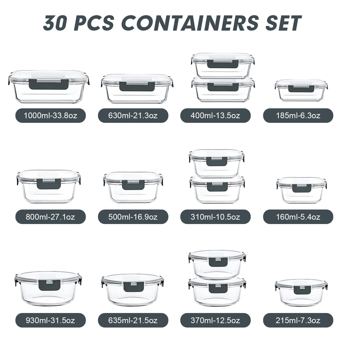 VERONES 30 Pieces Glass Meal Prep Containers Set, Stackable Glass Food Storage Containers with Lids-Airtight Lunch Containers，for Microwave, Oven, Freezer & Dishwasher,Grey