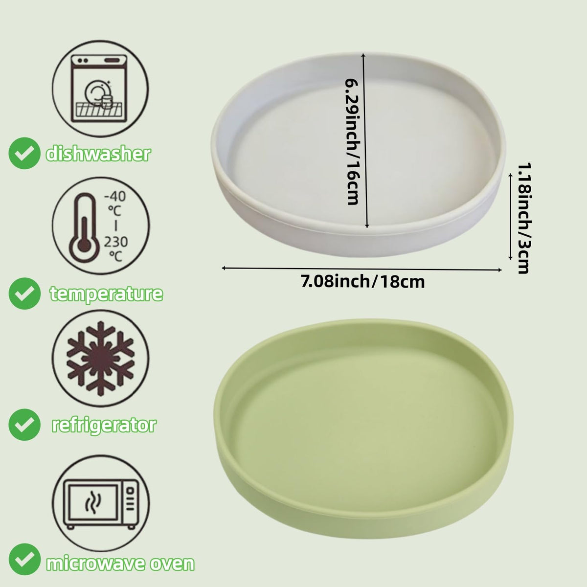 2 Pack 7 Inch Shallow Pet Bowls - Silicone Cat & Dog Food Dishes for Whisker Fatigue Relief - Non-Slip Flat Feeding Bowls for Dry/Wet Food & Water (Green & Gray)
