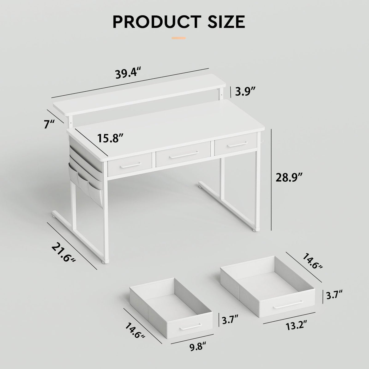 Maihail Small Desk with Drawers, 39.4X15.8-22.9 Inches Office Computer Desk with Side Pocket & Ergonomic Monitor Stand, Writing Table for Small Spaces, Bedroom, White