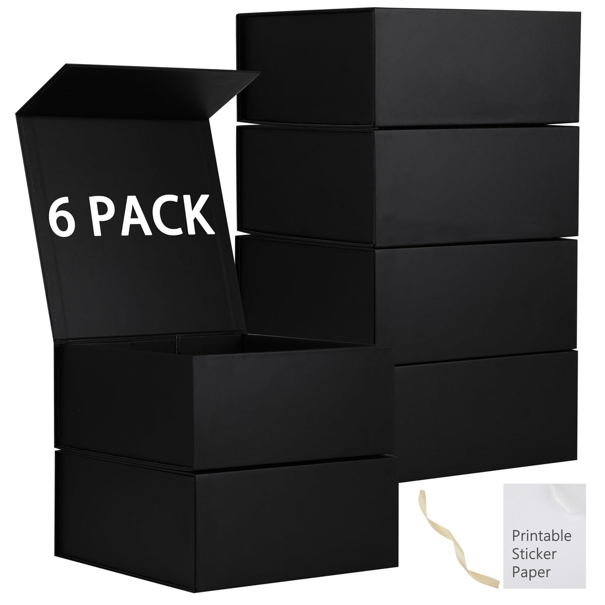 MUMUPACK 6 Pack Black Gift Boxes With Lids,9x9x4 Inch Bridesmaid Proposal Box And Printable Stickers,Proposal Boxes With Ribbon For Wedding, Packaging, Present, Birthday