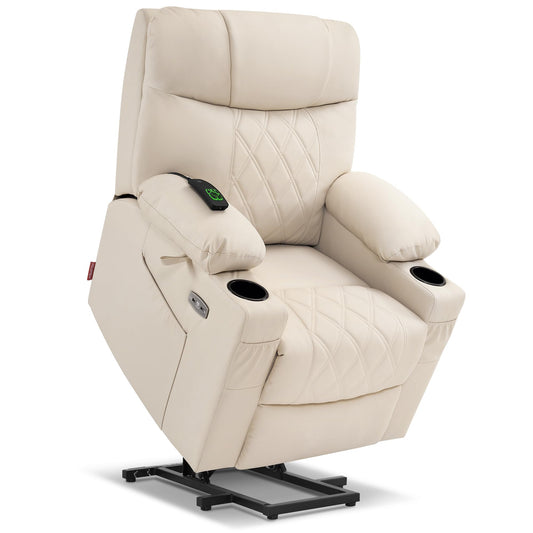 MCombo Small Power Lift Recliner Chair Sofa with Massage and Dual Heating, Adjustable Headrest for Elderly People Petite, USB Ports, Faux Leather 7111 (Cream White)