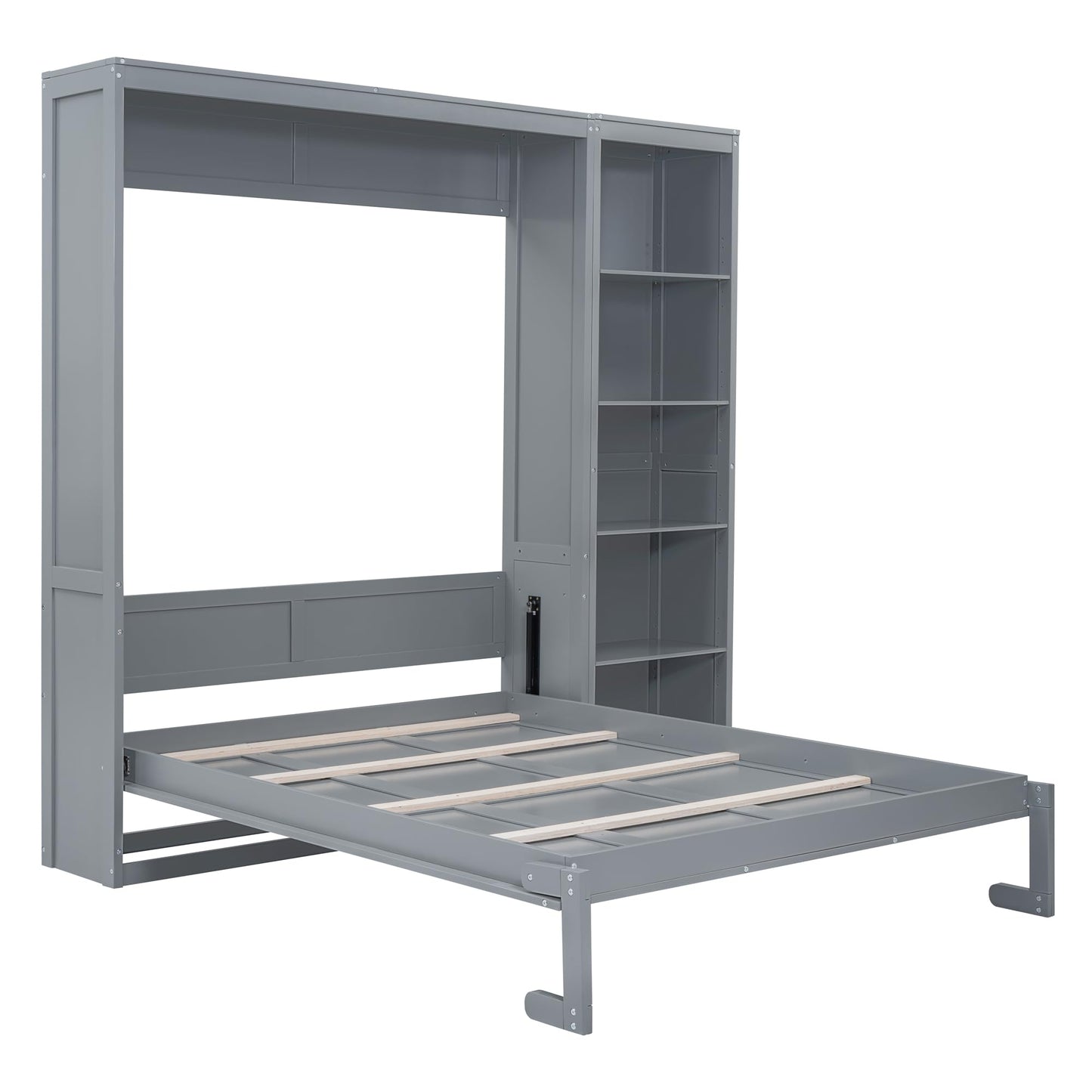 PacknWood Acosure Queen Size Murphy Five-Layer Cabinet,Solid Wood Storage Hidden Wall Beds Frame,W/Dual Piston Metal Folding Mechanism Designed,Space-Saving,for Home Office,Study,Guest Room,Gray