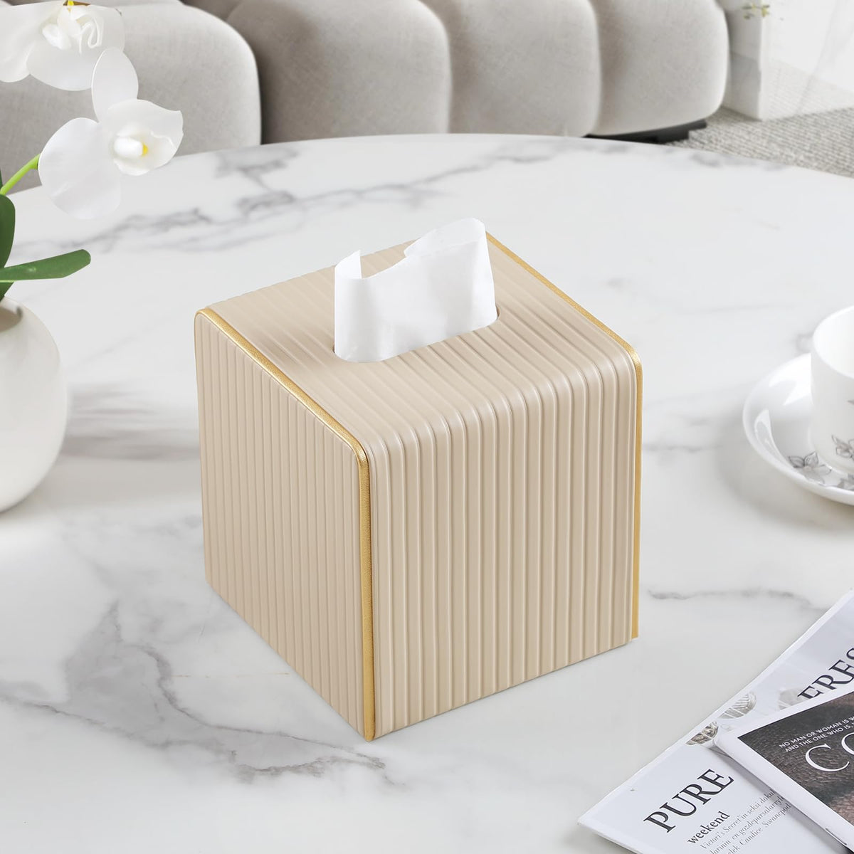 Square PU Leather Tissue Box Cover with Magnetic Closure, Decorative Tissue Holder & Storage Container for Bedroom, Living Room, Dining Room, Bathroom, Countertop, Desk & Office (Black)