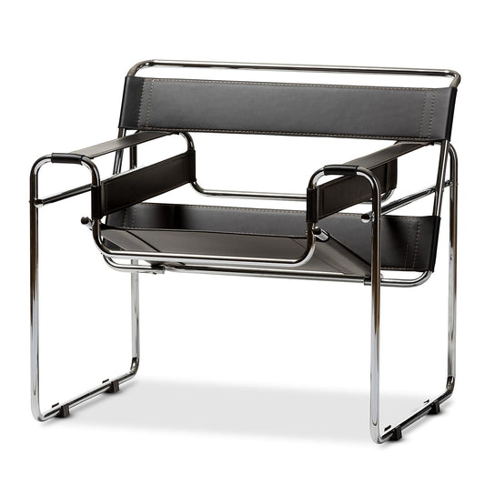 Baxton Studio Wassily Style Mid Centry Modern Accent Chair,Steel Frame and Faux Leather, Wide Seating