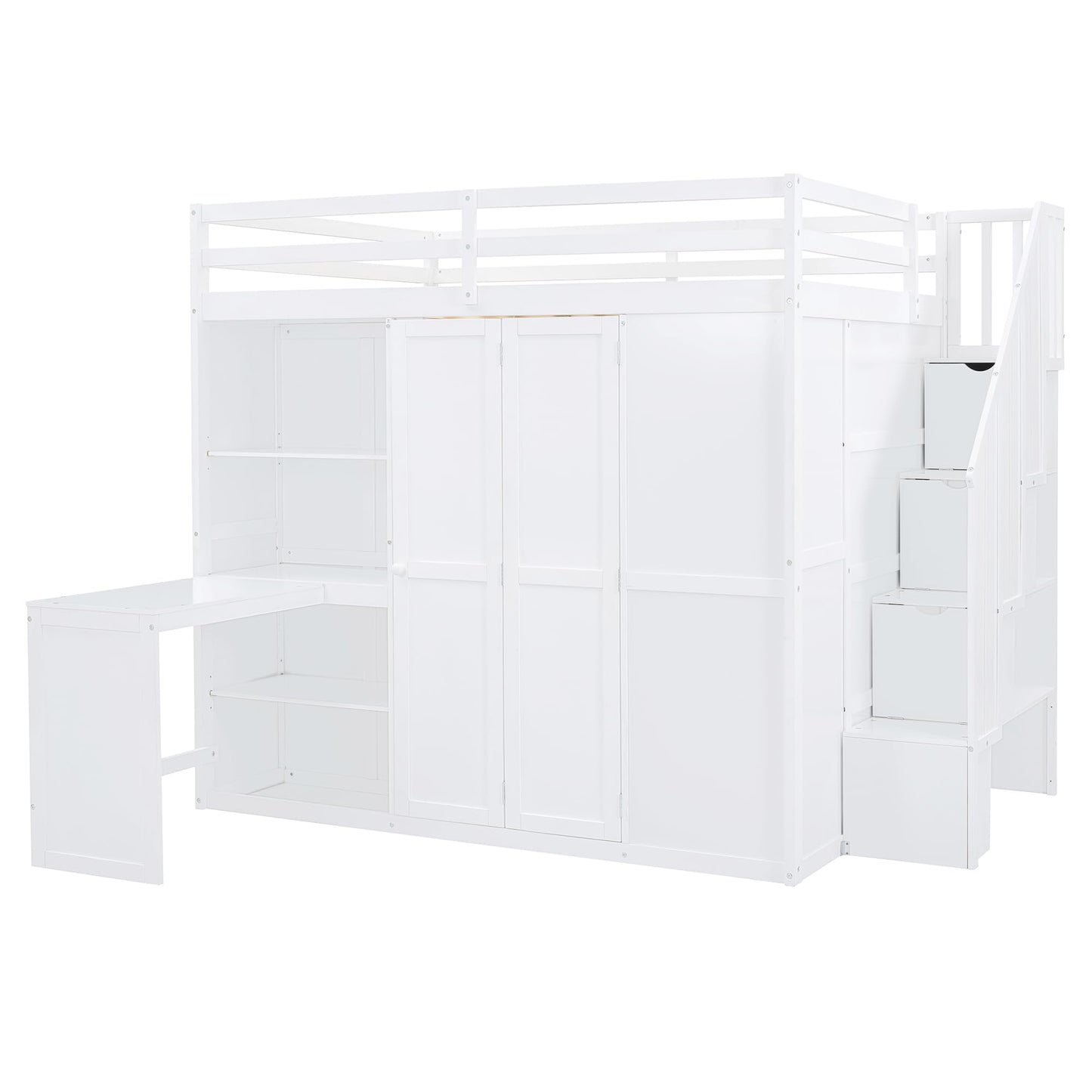 Merax Full Size Loft Bed, Wood Bedframe with Wardrobe, Storage Stairs, Desk and Shelves for Kids Teens Adults Bedroom, White