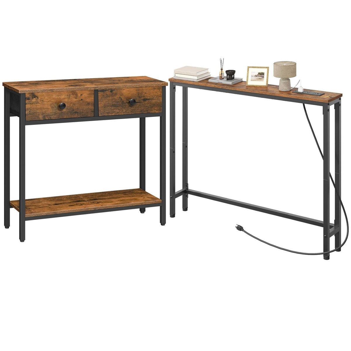 HOOBRO Narrow Console Table and Console Table Bundle, 15.7" Entryway Table with 2 Fabric Drawers, 39.4 Inch Narrow Entryway Table with Power Outlets, BF71XG01-BF52UXG01G1
