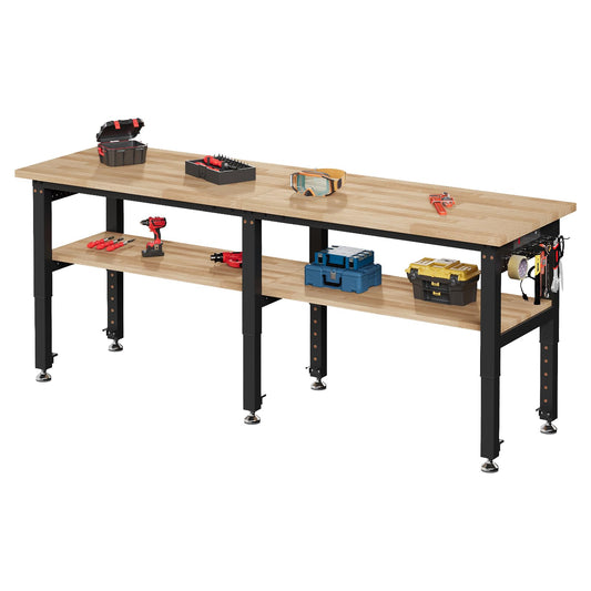 SPECRAFT 84"x24" 2-Tier Adjustable Workbench with 4 AC Outlet and 2 USB Ports Power Outlets, 6000 Lbs Capacity Heavy Duty Workbench, Rubber Wood Top for Garage, Workshop, Office