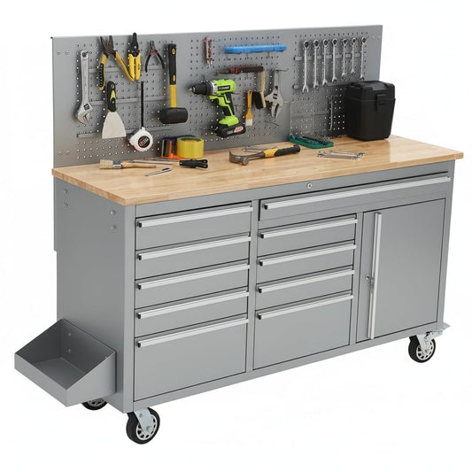MilleLoom Tool Chest, 61 Inch Tool Box Mobile 9 Drawers Storage Rolling Cabinet with Wheels Lock Key Locking System Drawer Liners for Garage Warehouse Repair Shop, Sliver