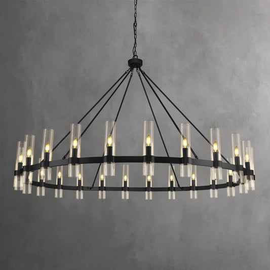 Black Wagon Wheel Chandelier 70 Inch, Large Chandeliers for High Ceilings, 24-Light Chandelier with Glass Shade, Modern Farmhouse Chandeliers for Living Room, Dining Room and Foyer(24 Bulbs Included)