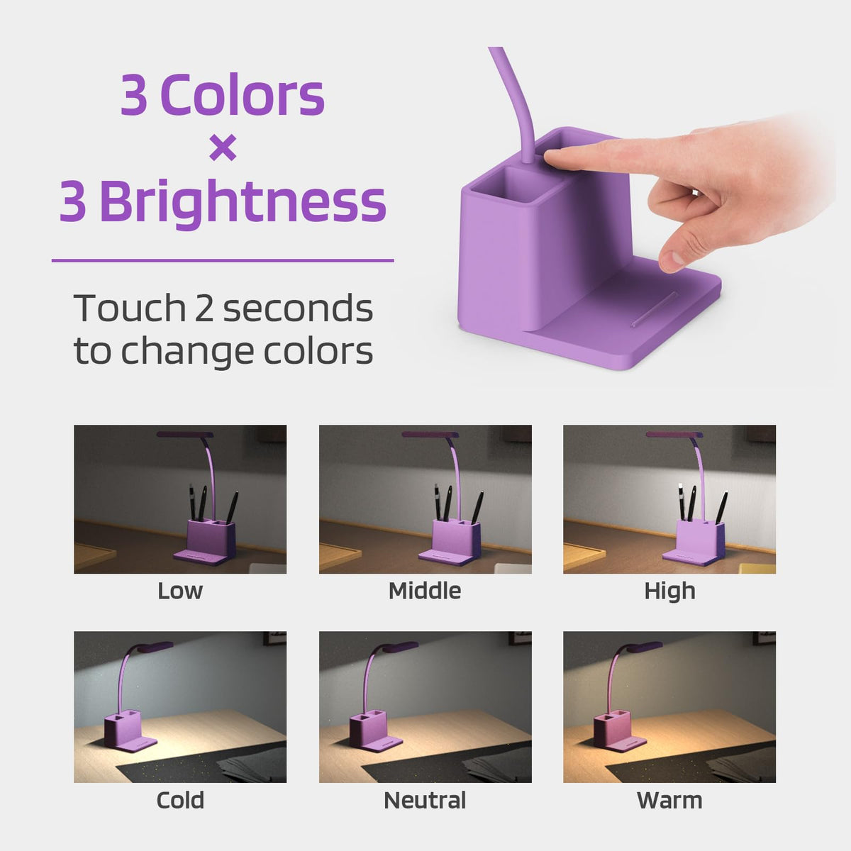 AXX Cute Purple Desk Lamp, Rechargeable Study Table Light for Home Office, Small, Battery Operated, LED, Flexible Gooseneck, Mini, Cordless, College Dorm Room Desktop Accessories for Teen Girls