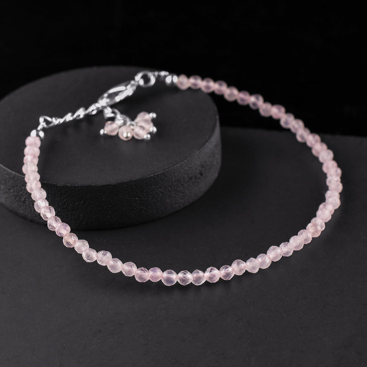QNAVIC Pink Rose Quartz Micro Round Beads Dainty Bracelet for Women, Birthstone Bracelet jewelry Chakra Healing Crystals, Silver Plated Chain 8 inch Birthday Gift for Her