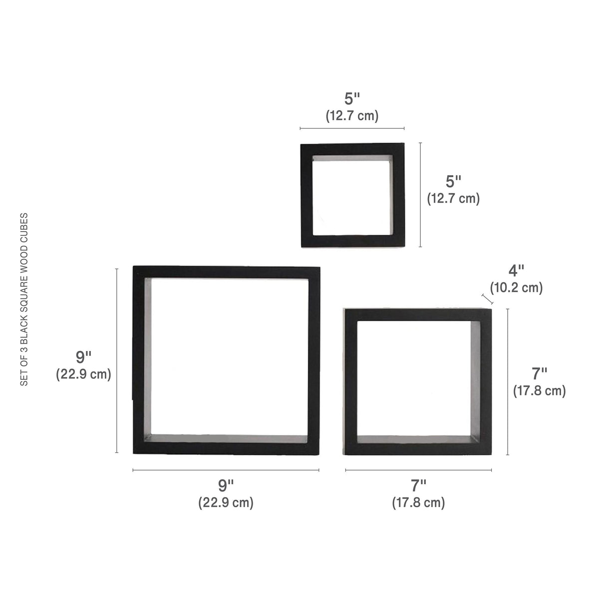 MELANNCO Floating Wall Square Cube Shelves for Bedroom, Living Room, Bathroom, Kitchen - Wood, Set of 3, Black