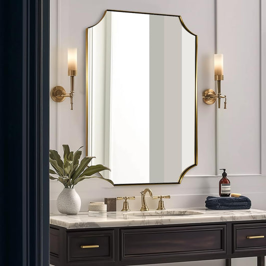 ANDY STAR 30x40 Inch Brushed Gold Mirror, Gold Scalloped Bathroom Mirror, Unique Rectangle Mirror in Never-Rust Stainless Steel Metal Frame, Wall Mount Vertical or Horizontal