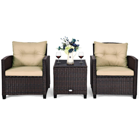 AUGESTER 3 PCS Patio Furniture Set, Outdoor PE Rattan Wicker Conversation Sofa Set w/Washable Cushion and Tempered Glass Tabletop, All Weather Chat Sofa for Garden Poolside Balcony Porch (Beige)