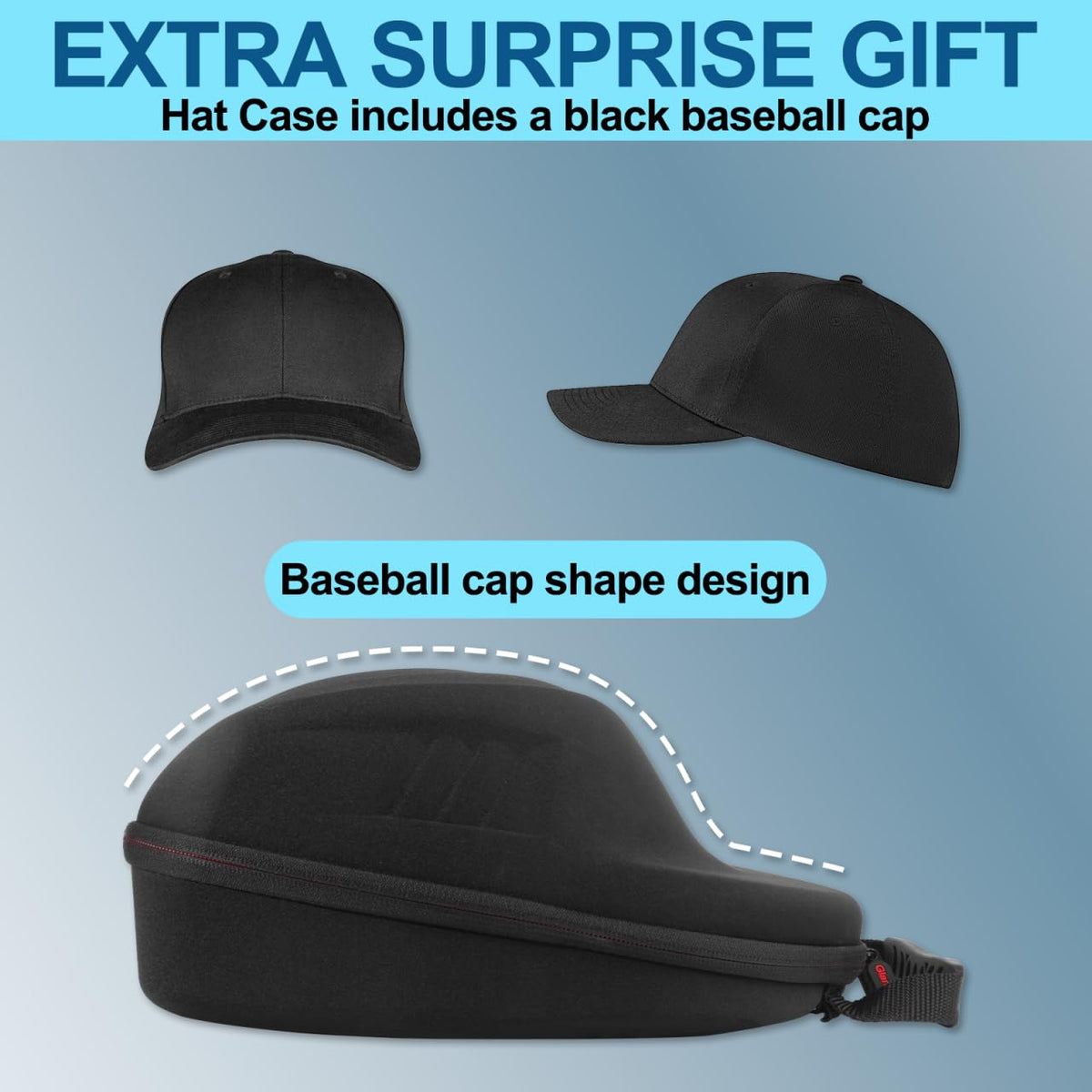 Hat Travel Case for Baseball Caps,Hard Hat Carrier Storage Case with 1 Pack Black Baseball Cap and Adjustable Shoulder Strap, Hat Organizer Holder Bag for 6 Baseball Caps for Men and Women - Black