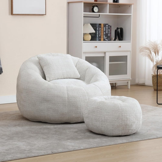 Chenille Memory Foam Filled Adult Bean Bag Chair with Ottoman & Comfortable Pillow | Beige Tan Ivory Color Lazy Sofa Boucle Super Soft Plush Recliner Lounger Livingroom Oversized Removeable Cover