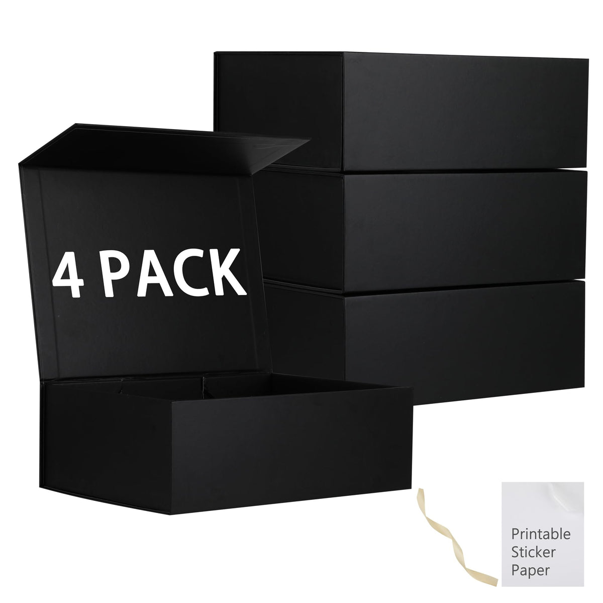 MUMUPACK 4 Pack Black Gift Boxes With Lids,12x8x4.5 Inch Bridesmaid Proposal Box And Printable Stickers,Proposal Boxes With Ribbon For Wedding, Packaging, Present, Birthday