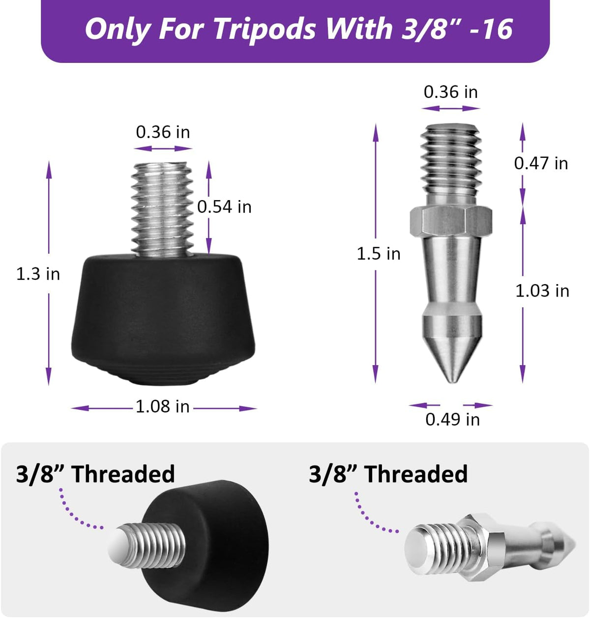Rigych 6 3/8-16 Pcs Tripod Spike Feet - Thread, Rubber & Stainless Steel Spike Feet, Universal Anti-Slip