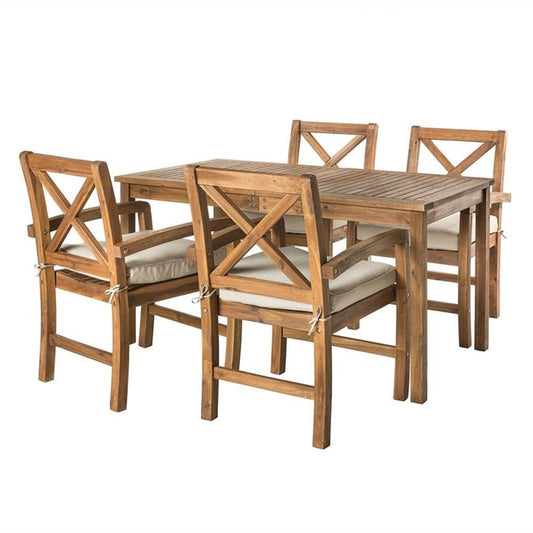 Walker Edison Delray Classic 5 Piece Acacia Wood Outdoor Dining Table and X-Back Chair Set with Cushions, Set of 5, Brown
