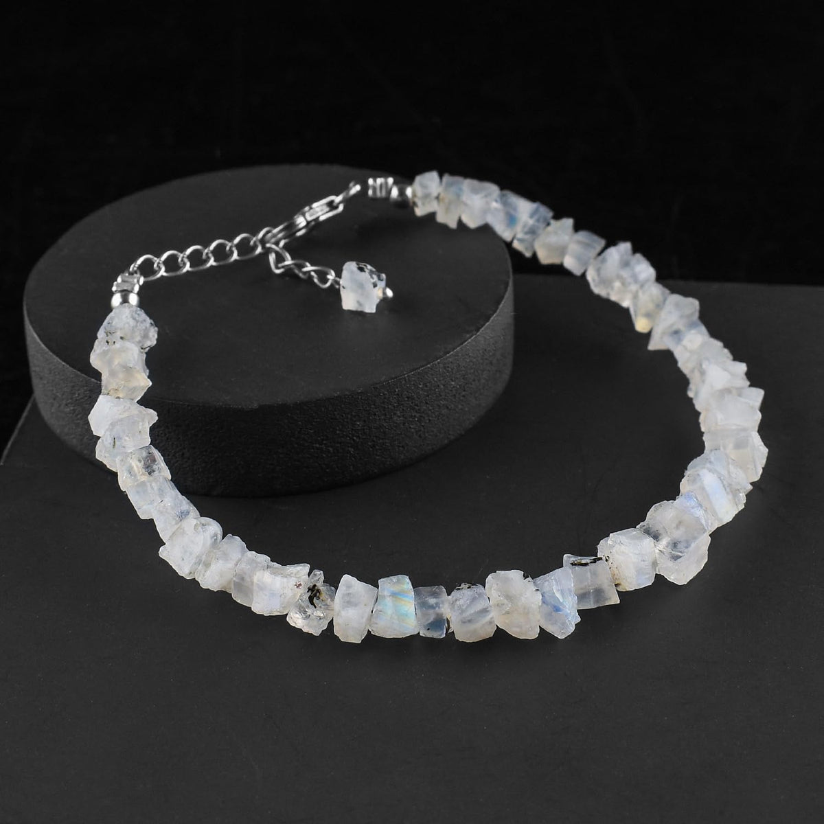 Natural Raw Rainbow Moonstone Bracelets for Women, June Birthstone, Rough Gemstone Chakra Healing Crystals Jewelry, 925 Sterling Silver Chain 8 inch, Birthday Gifts For Her