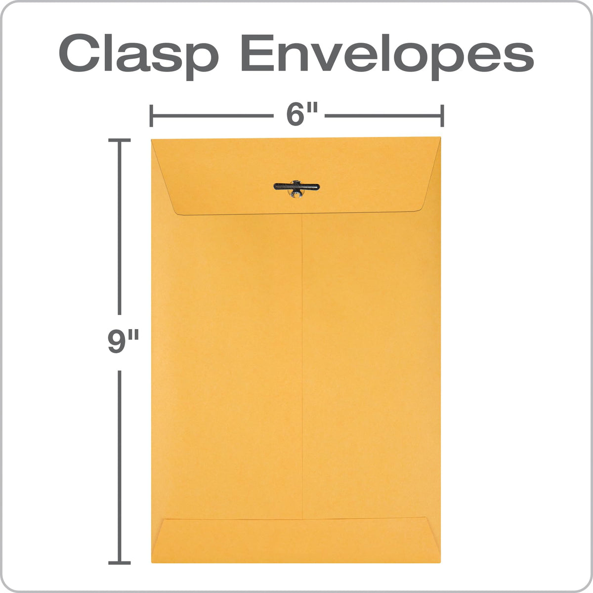 Quality Park 6x9 Clasp Envelopes, Extra Heavyweight 32 lb. Manila Kraft Envelopes, Gummed Seal and Clasp for Storing or Mailing, 100/Box (QUA37755)