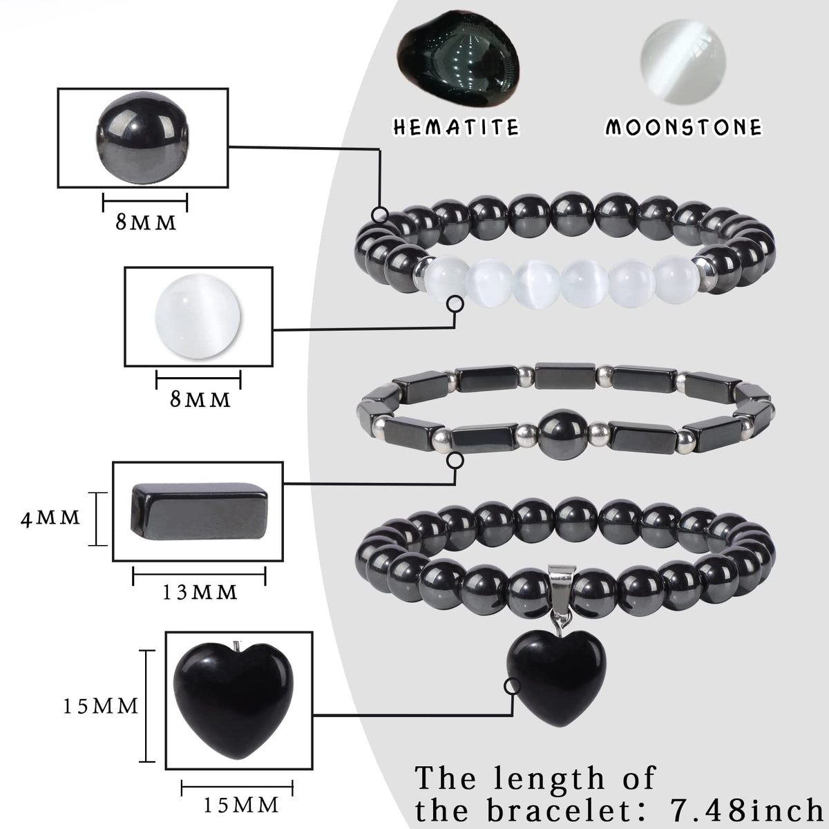 Vinswet Healing Crystal Beaded Bracelets for Women,Natural Hematite Moonstone Gemstones Bracelet,Anxiety Stress Relief Heart Charm Bracelet Handmade Black Jewelry Gifts for Women (3pcs)