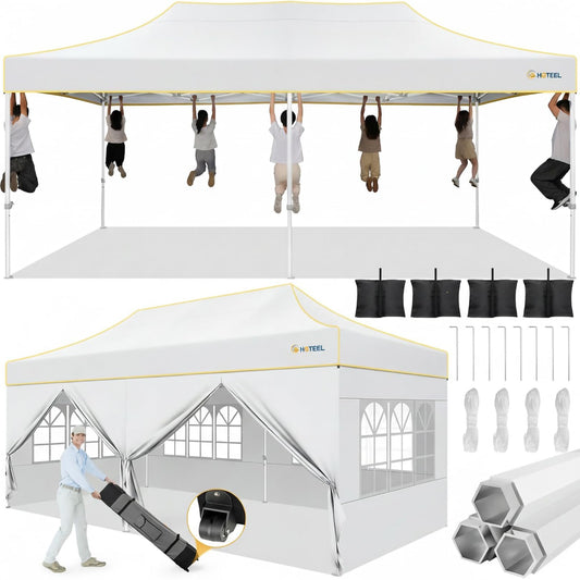 Hoteel 10x20 Pop Up Canopy Tent Heavy Duty with 6 Sidewalls, Waterproof Party Tent, Easy Set-up Commercial Instant Tents with Roller Bag & Sandbags, Hexagonal Leg (1-Year Warranty)