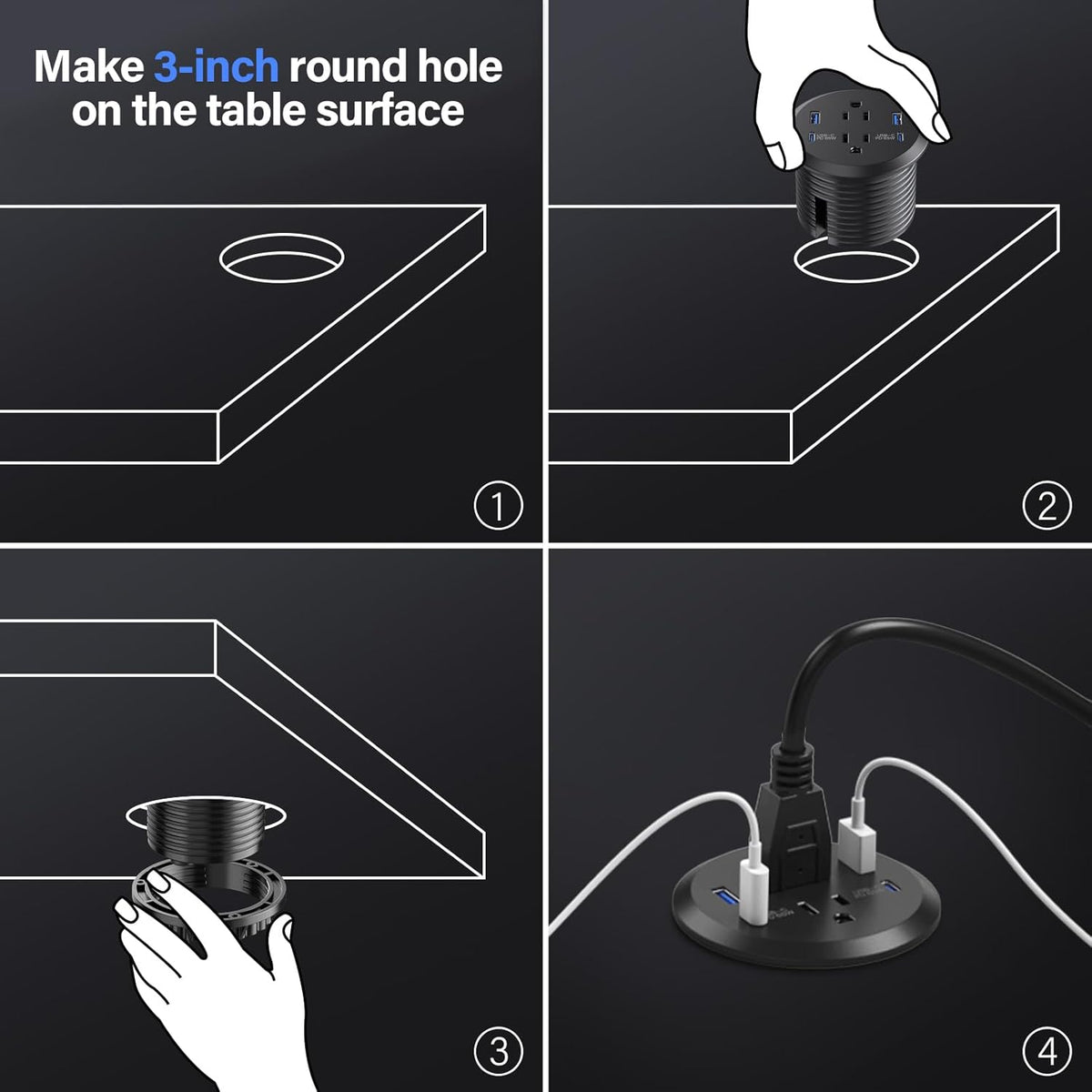 Jgstkcity Grommet, 65W 3inch Hole,2 Outlets,4 Countertop 65W Desktop Power USB C Fast Charging Port, Flush Mount