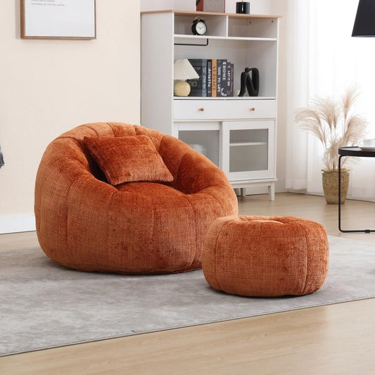 Chenille Memory Foam Filled Adult Bean Bag Chair with Ottoman & Comfortable Pillow | Orange Tangerine Color Lazy Sofa Boucle Super Soft Plush Recliner Lounger Livingroom Oversized Removeable Cover