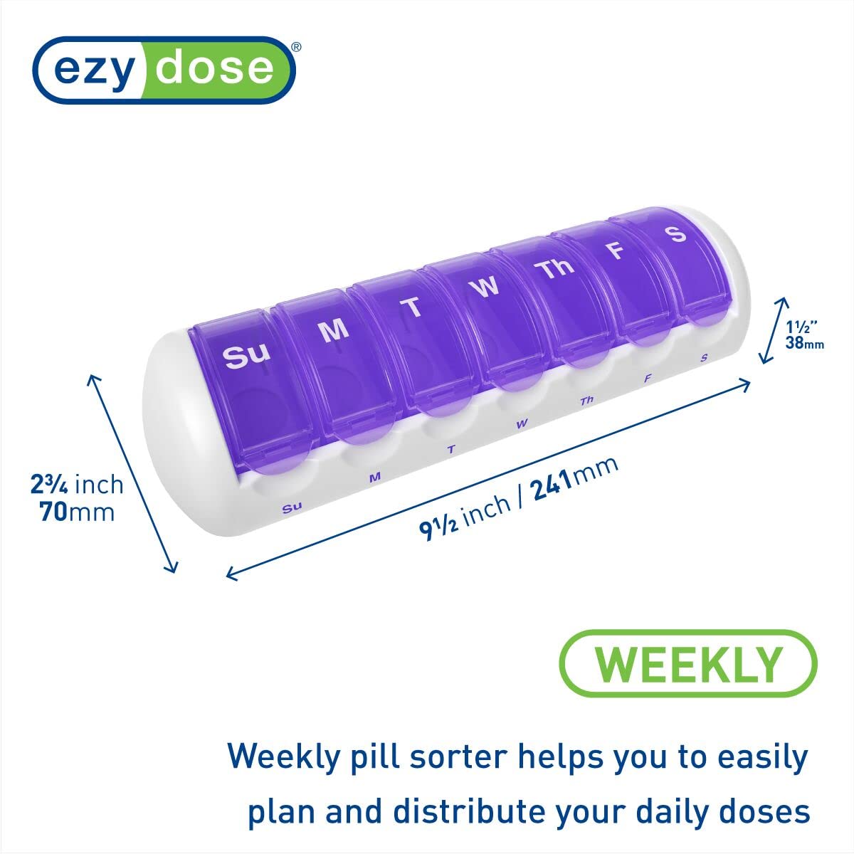 EZY DOSE Weekly (7-Day) Travel Pill Case, Medicine Planner, Vitamin Organizer Box, Convenient and Easy to Use, Removable Daily Compartments, Great for Travel, Color May Vary, BPA Free