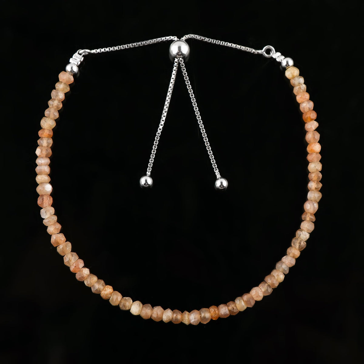 CRYSTALIS Natural Peach Moonstone Gemstone Beads Slider Bolo Bracelet, High Grade Beaded Crystals, Chakra Healing Stone, Gift Giving Women Jewelry, 925 Sterling Silver Slider 10 inch