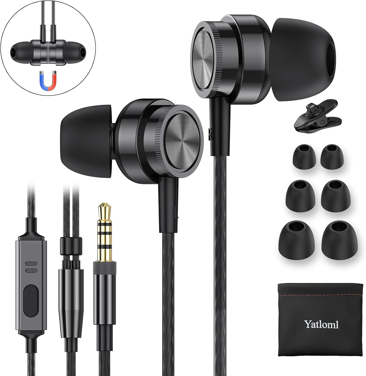 Yatloml MP3 3.5mm Wired Earbuds with Microphone, in Ear Headphones Wired with Heavy Bass Noise Isolation Magnetic