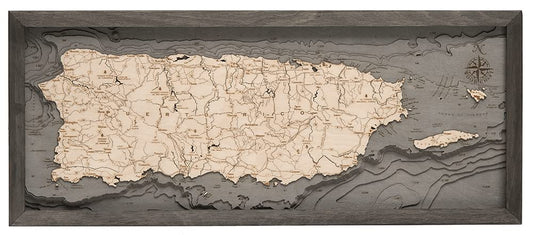Puerto Rico 3-D Nautical Wood Chart, Grey Frame, 13.5" x 31"