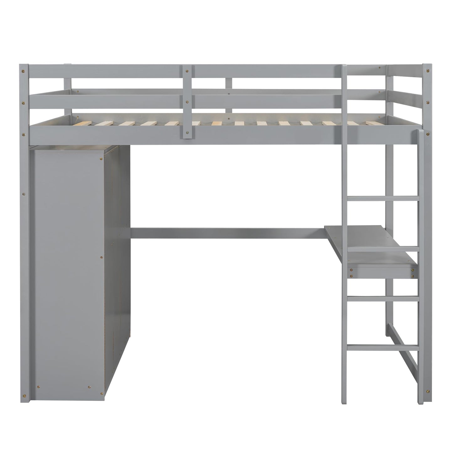 Full Size Loft Bed Frame with Built-in Wardrobe, Desk, Storage Shelves and Drawers, Wood Slat Support