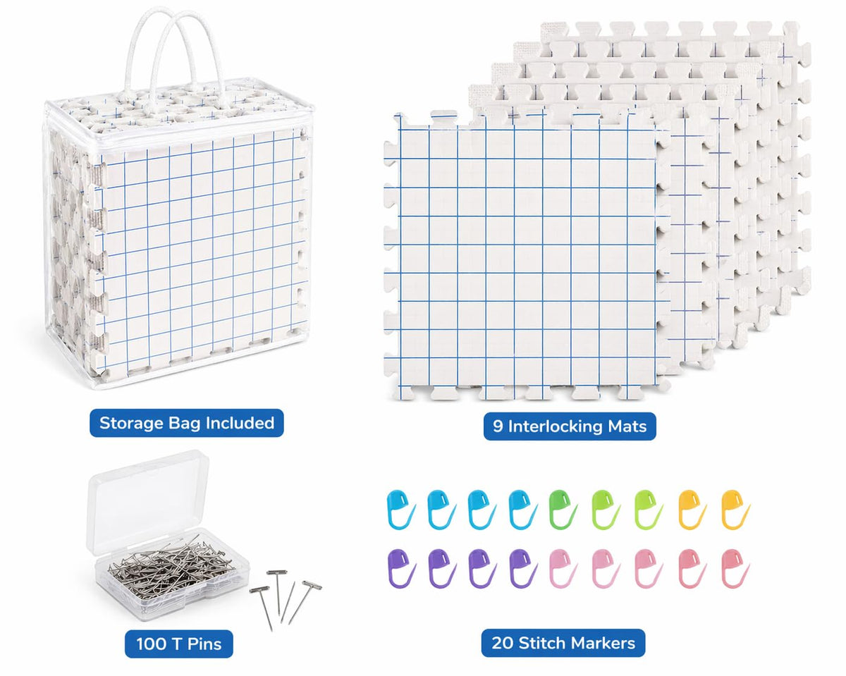 IRSTBL Knitting Blocking Mats Set – 9 Interlocking Foam Mats with Gridlines, 100 T Pins, 20 Locking Stitch Markers and Storage Bag – Crochet Blocking Boards Kit