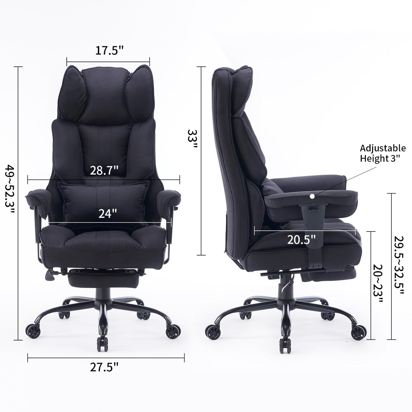 Efomao Big and Tall Office Chair 400 lb Weight Capacity, High Back Executive Office Chair with Foot Rest, Fabric Computer Chair for Back Pain Relief, Black