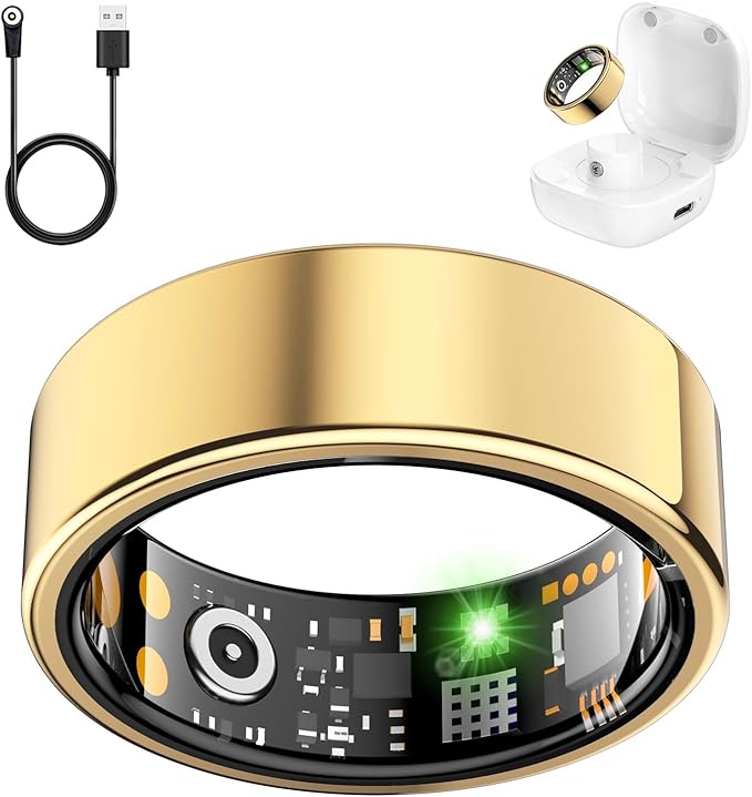 Smart Health Ring for Women Men, Fitness Tracker Ring with Heart Rate, Blood Oxygen, Sleep Tracker, Step Tracker, No Subscription Fee, IP68 Waterproof Smart Ring for iPhone & Android (Gold, 14#)
