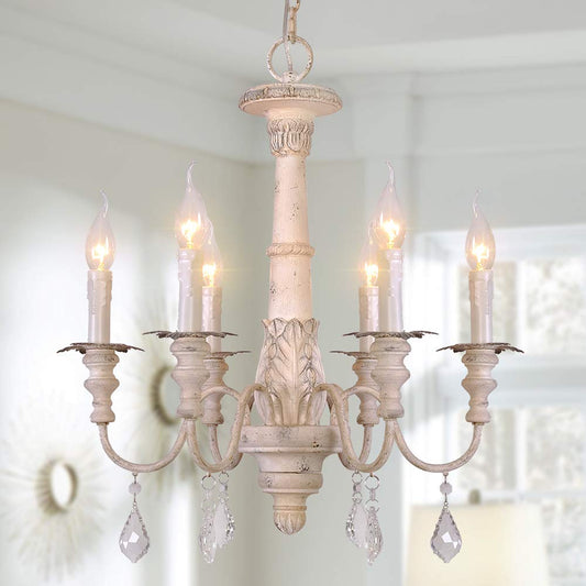 OSAIRUOS French Country Candle Style Chandelier, Handmade White Distressed Wood Lighting Ceiling Light Fixture Pendant Lamp Chandeliers for Dining Living Room Bathroom W20.8