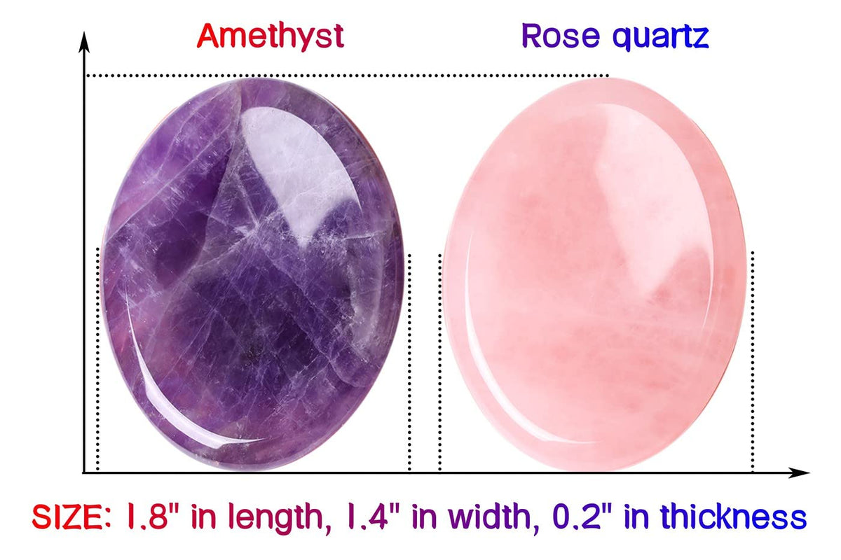 QINJIEJIE 2PCS Thumb Worry Stones for Anxiety Healing Crystals Rose Quartz Amethyst Hand Carved Stones Pocket Meditation Oval Crystal Natural Reiki Relax Palm Stone Therapy Stocking Stuffers Adults
